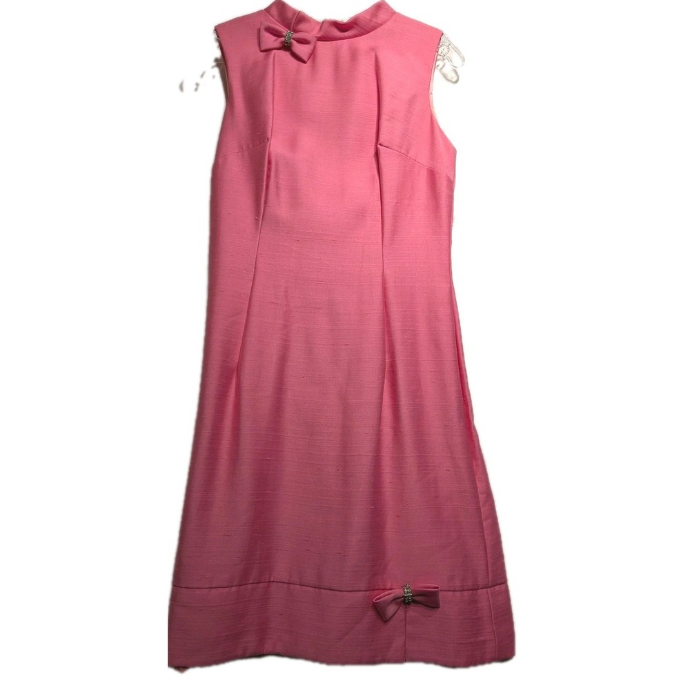 Vtg 60's Pink Bow Shift Dress Women S-M? Mock Neck Rhinestone Trim Linen/Silk ??